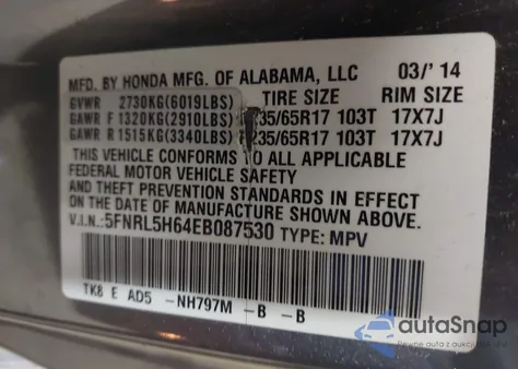 2014 Honda Odyssey Exl from USA, damaged, VIN 5FNRL5H64EB087530